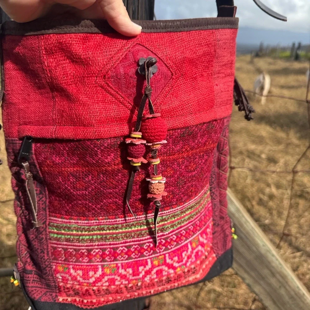 Boho Ethnic Chic Folk Indie Embroidered Red Woven leather Pom Pom crossbody